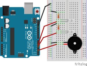 Diagrama de 2 leds con buzzer con arduino