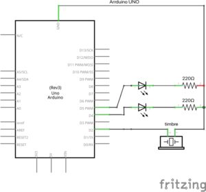 Esquema de 2 leds con buzzer con arduino