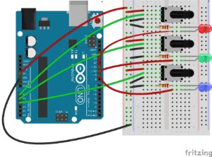 Diagrama de 3 potenciometros con 3 leds en arduino