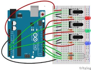 Diagrama de 3 potenciometros con 3 leds y un RGB en arduino