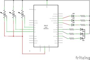 Esquema de 3 potenciometros con 3 leds y un RGB en arduino