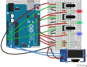 Diagrama de tres leds, rgb, 3 potenciómetros y pantalla OLED de arduino
