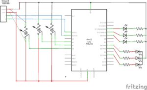 Esquema de tres leds, rgb, 3 potenciómetros y pantalla OLED de arduino